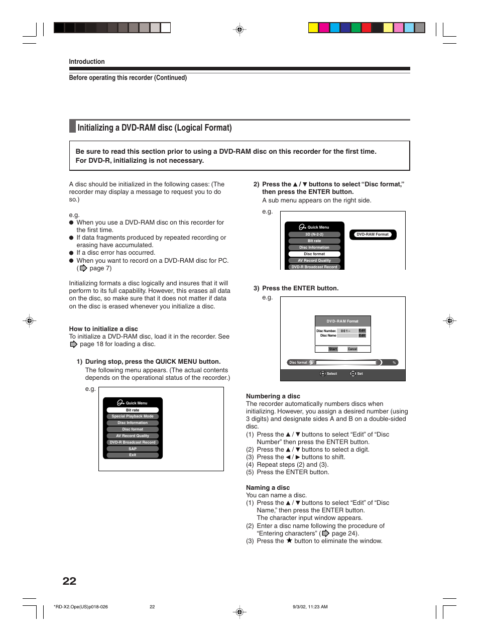 Initializing a dvd-ram disc (logical format) | Toshiba RD-X2U User Manual | Page 22 / 44