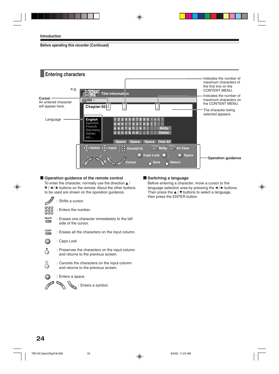 Entering characters, Content | Toshiba RD-X2U User Manual | Page 24 / 44