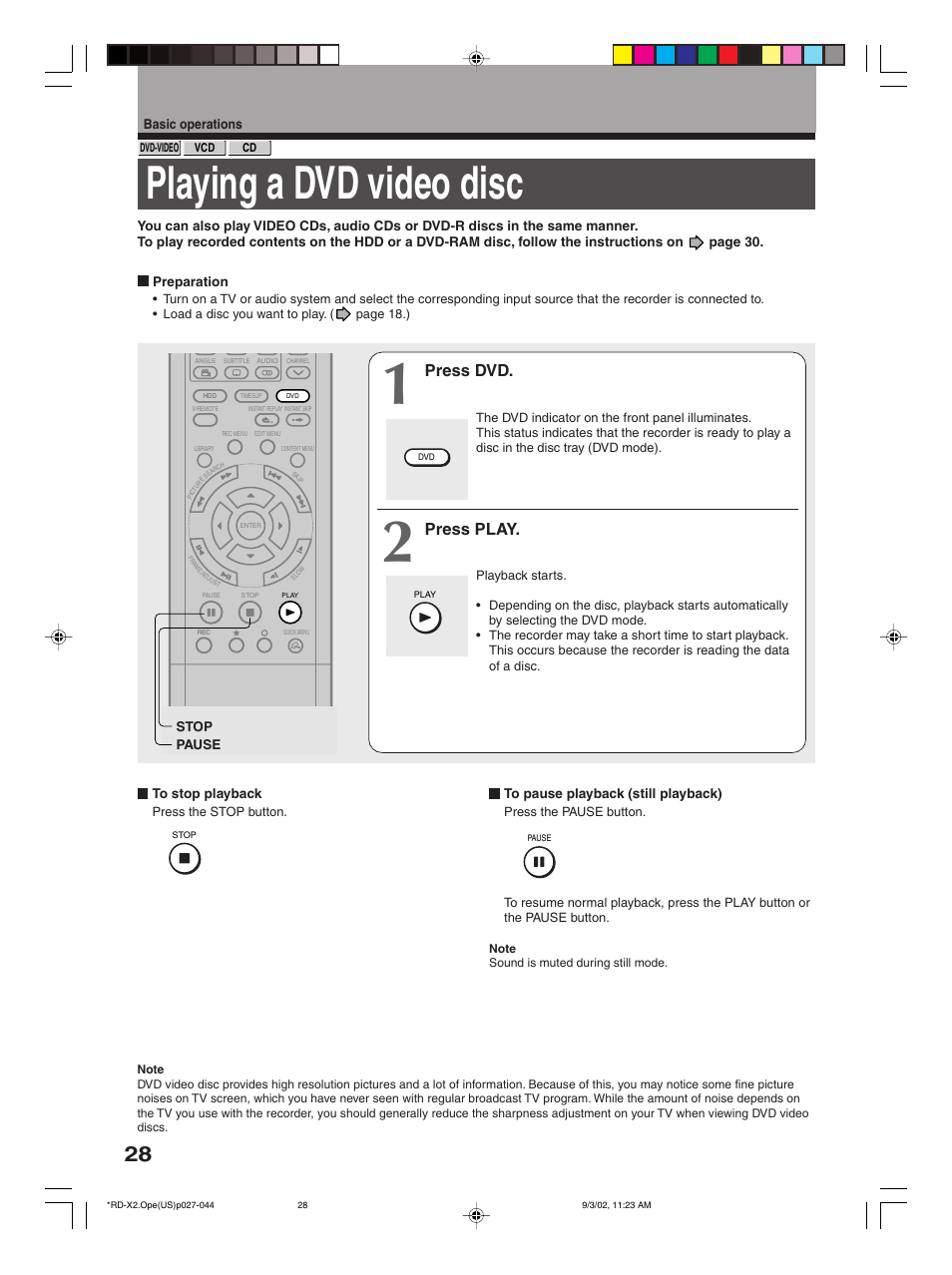 Playing a dvd video disc, Press dvd, Press play | Toshiba RD-X2U User Manual | Page 28 / 44