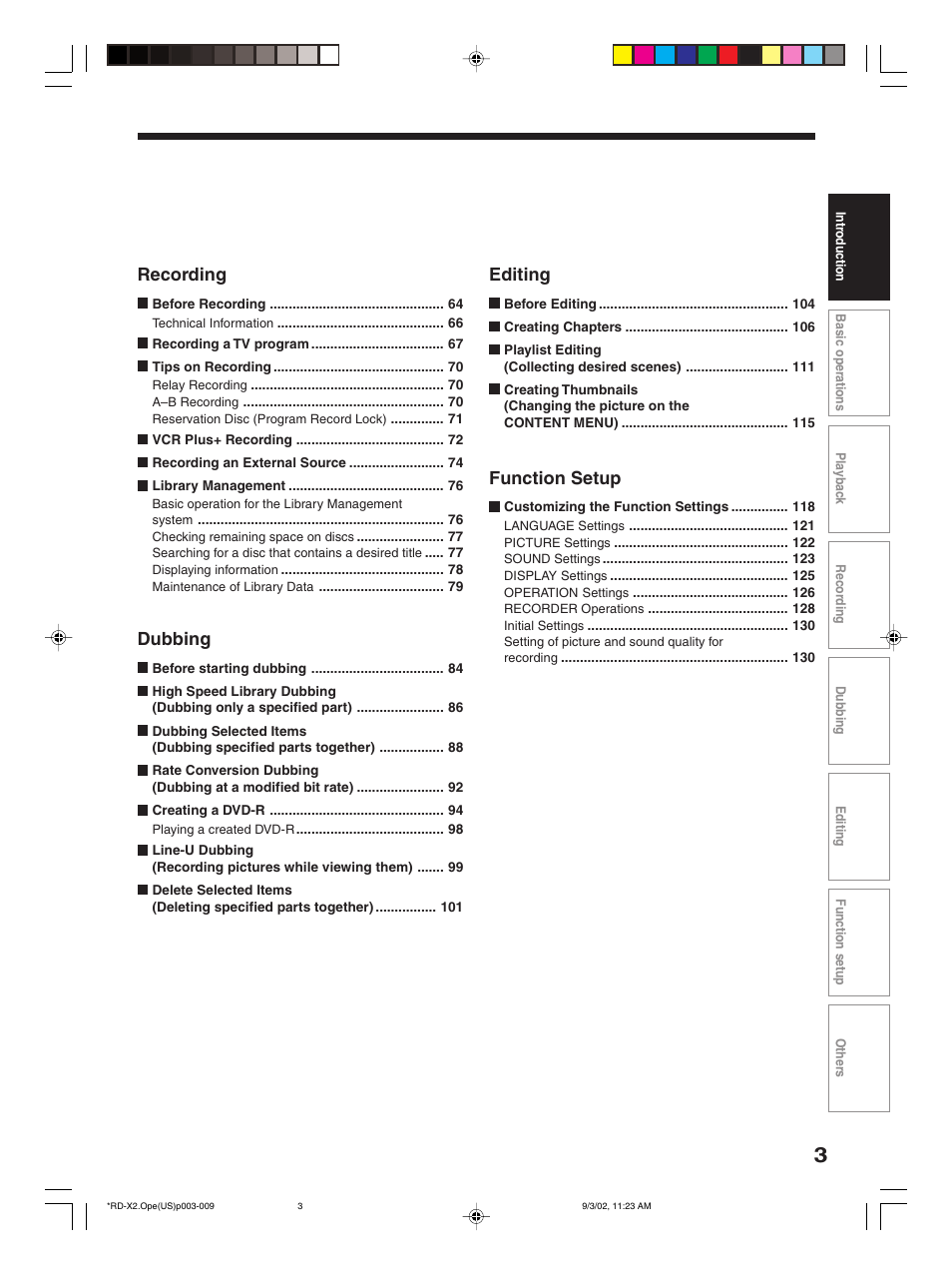 Editing, Function setup, Recording | Dubbing | Toshiba RD-X2U User Manual | Page 3 / 44