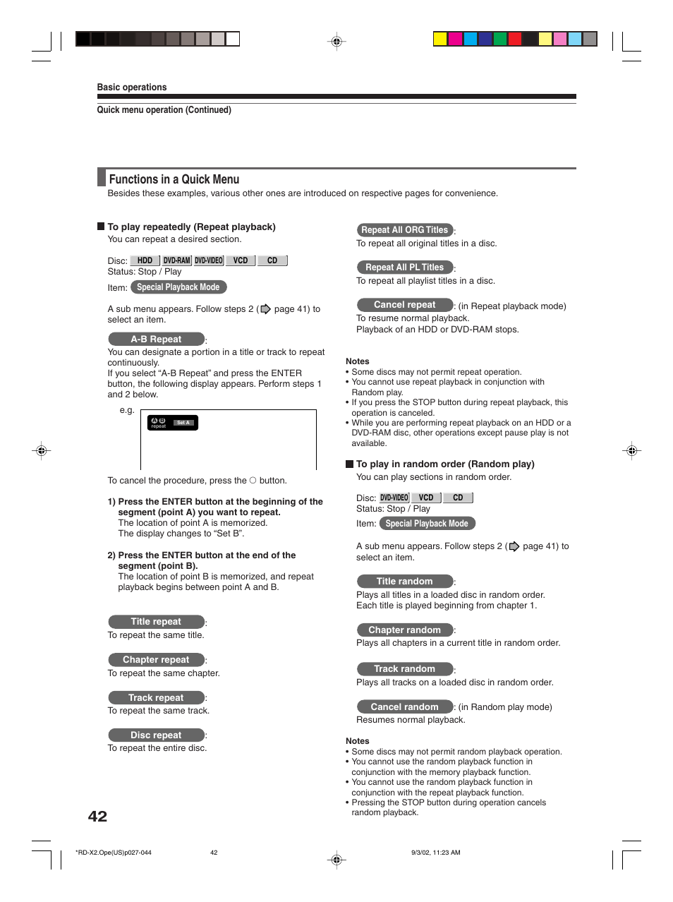 Functions in a quick menu | Toshiba RD-X2U User Manual | Page 42 / 44