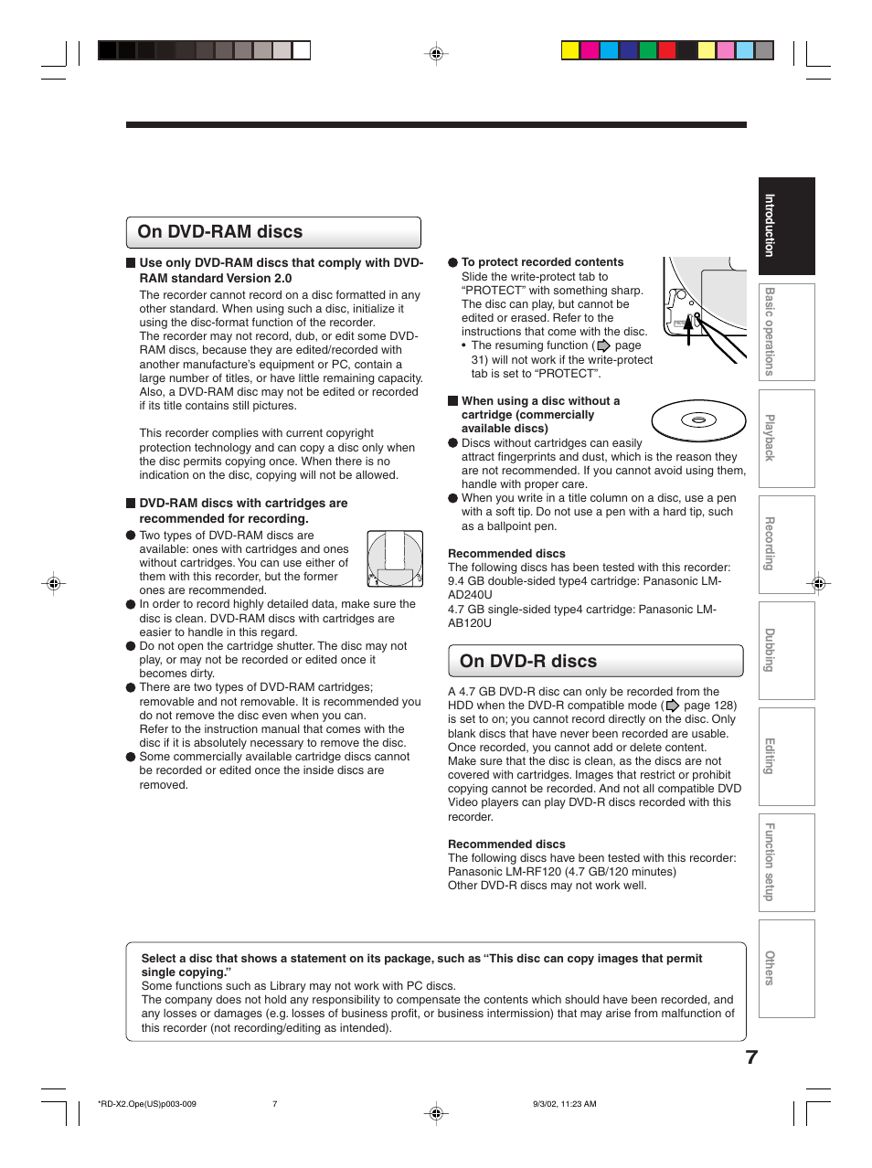 On dvd-ram discs, On dvd-r discs | Toshiba RD-X2U User Manual | Page 7 / 44