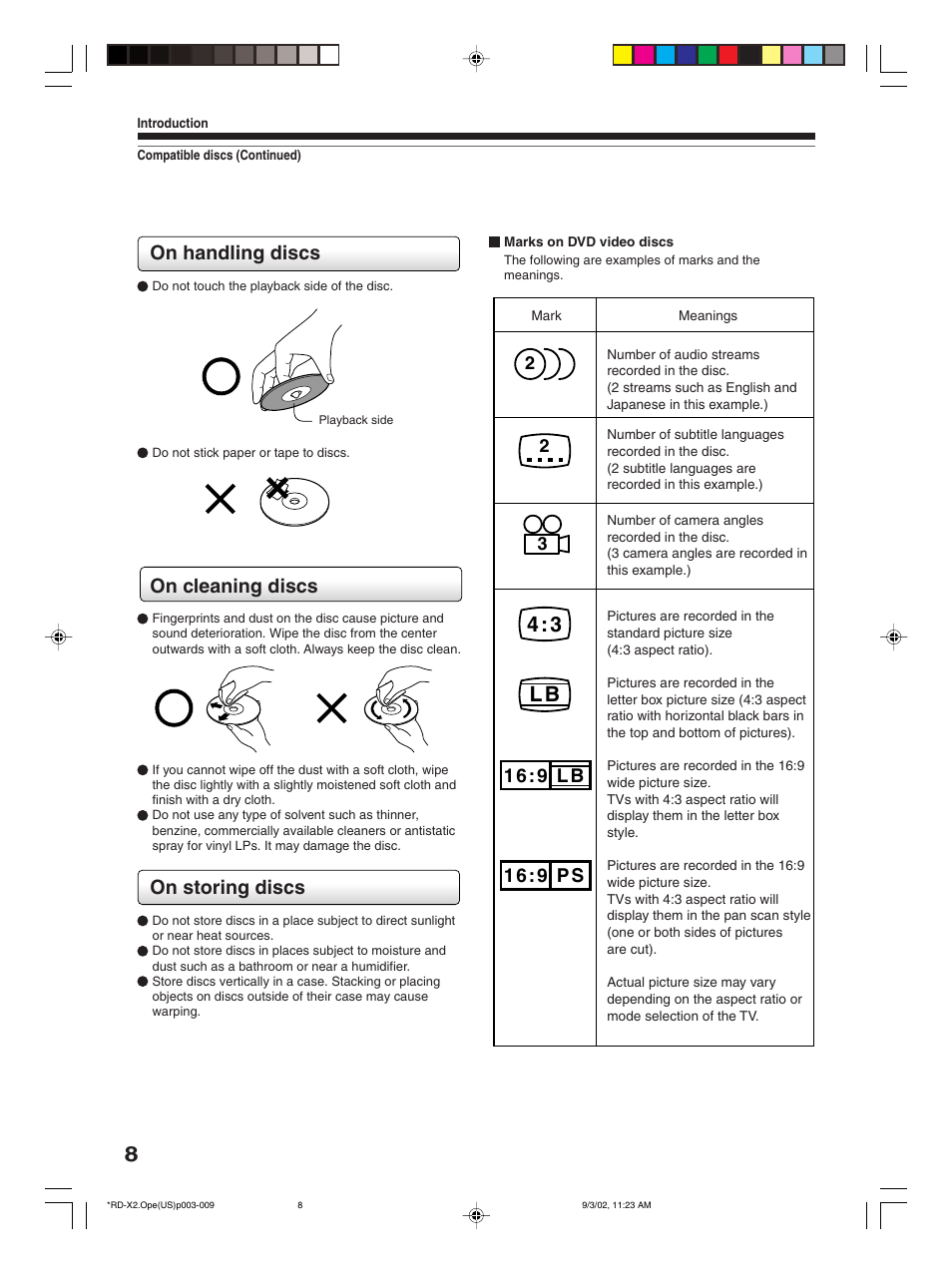 4 : 3 l b, On handling discs, On cleaning discs | On storing discs | Toshiba RD-X2U User Manual | Page 8 / 44