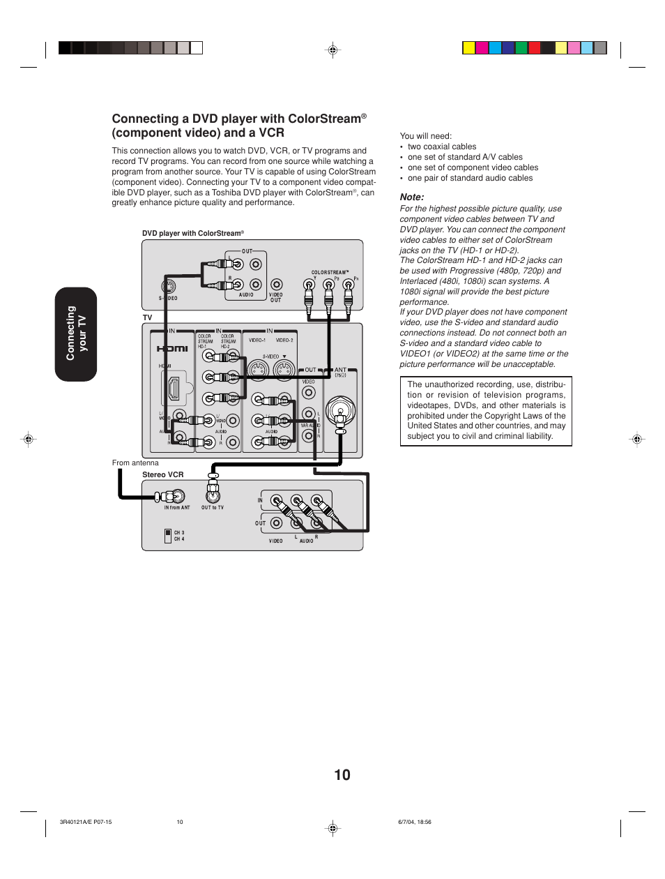 Connecting a dvd player with colorstream, Component video) and a vcr, Connecting your tv | Toshiba 26HF84 User Manual | Page 10 / 46