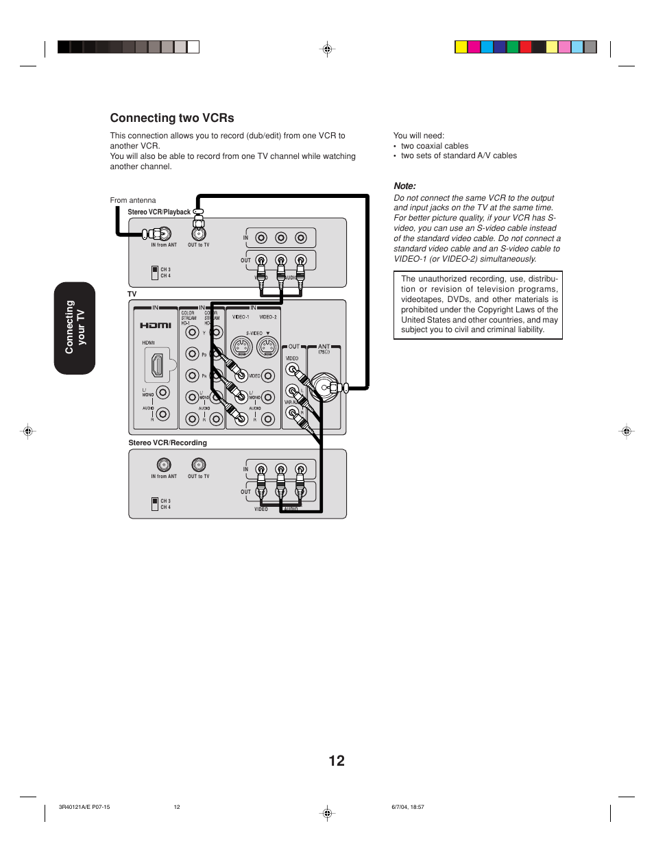 Connecting two vcrs, Connecting your tv | Toshiba 26HF84 User Manual | Page 12 / 46