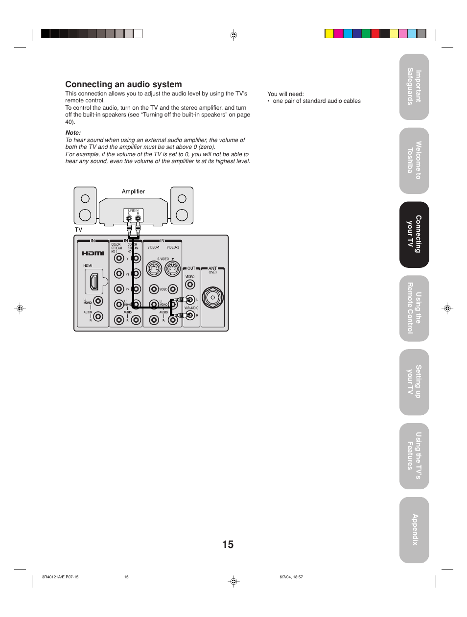 Connecting an audio system | Toshiba 26HF84 User Manual | Page 15 / 46