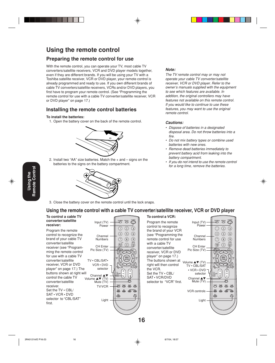 Using the remote control, Preparing the remote control for use, Installing the remote control batteries | Toshiba 26HF84 User Manual | Page 16 / 46