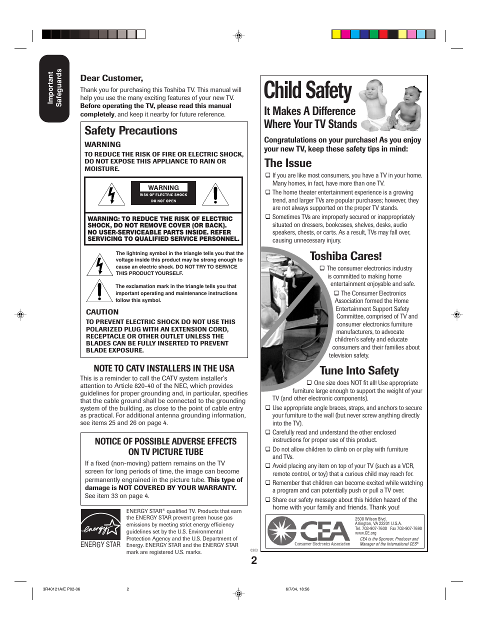 Child safety, It makes a difference where your tv stands, The issue | Toshiba cares, Tune into safety, Safety precautions | Toshiba 26HF84 User Manual | Page 2 / 46