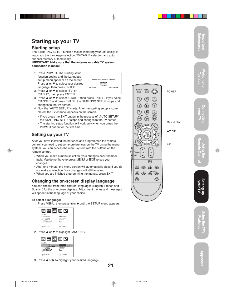 Starting up your tv, Starting setup, Setting up your tv | Changing the on-screen display language | Toshiba 26HF84 User Manual | Page 21 / 46