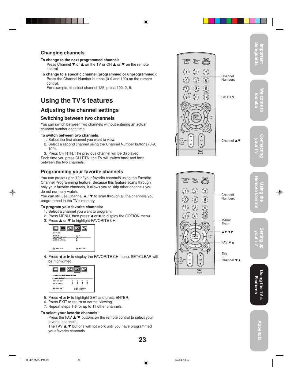 Using the tv’s features, Adjusting the channel settings, Changing channels | Switching between two channels, Programming your favorite channels | Toshiba 26HF84 User Manual | Page 23 / 46