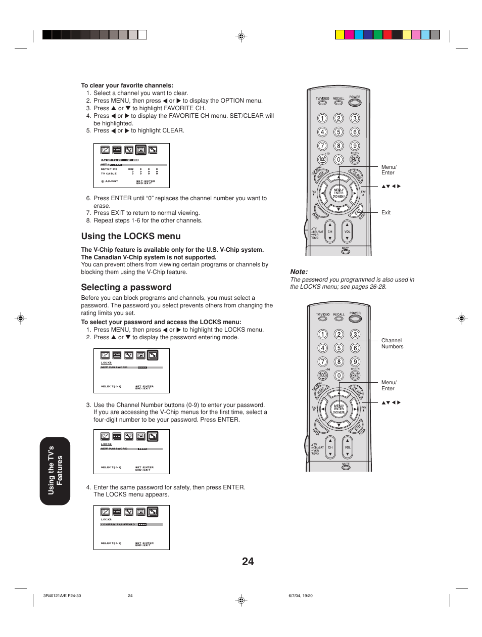 Using the locks menu, Selecting a password, Using the tv’ s features | Toshiba 26HF84 User Manual | Page 24 / 46