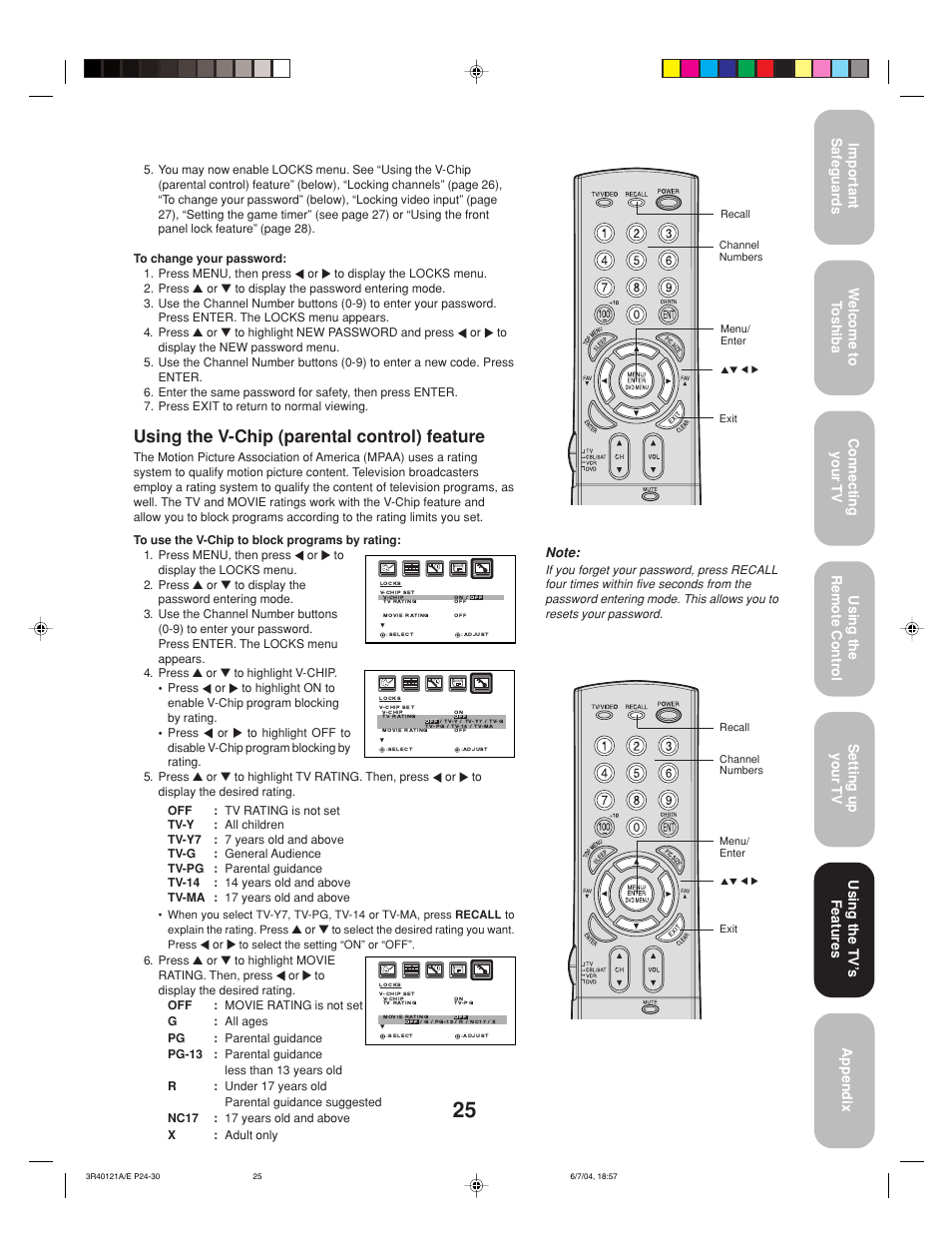 Using the v-chip (parental control) feature, Using the tv’ s features | Toshiba 26HF84 User Manual | Page 25 / 46