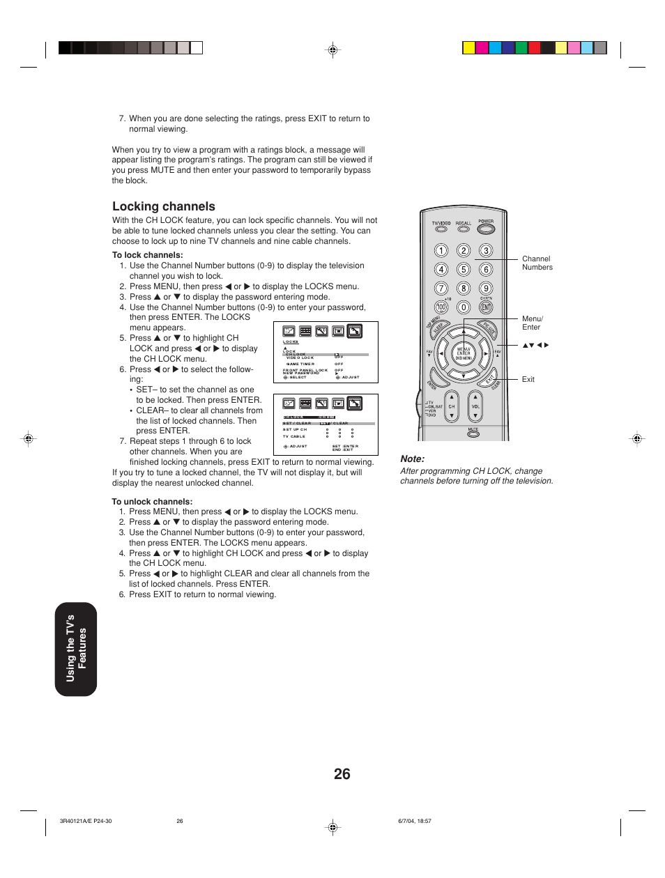 Locking channels, Using the tv’ s features | Toshiba 26HF84 User Manual | Page 26 / 46