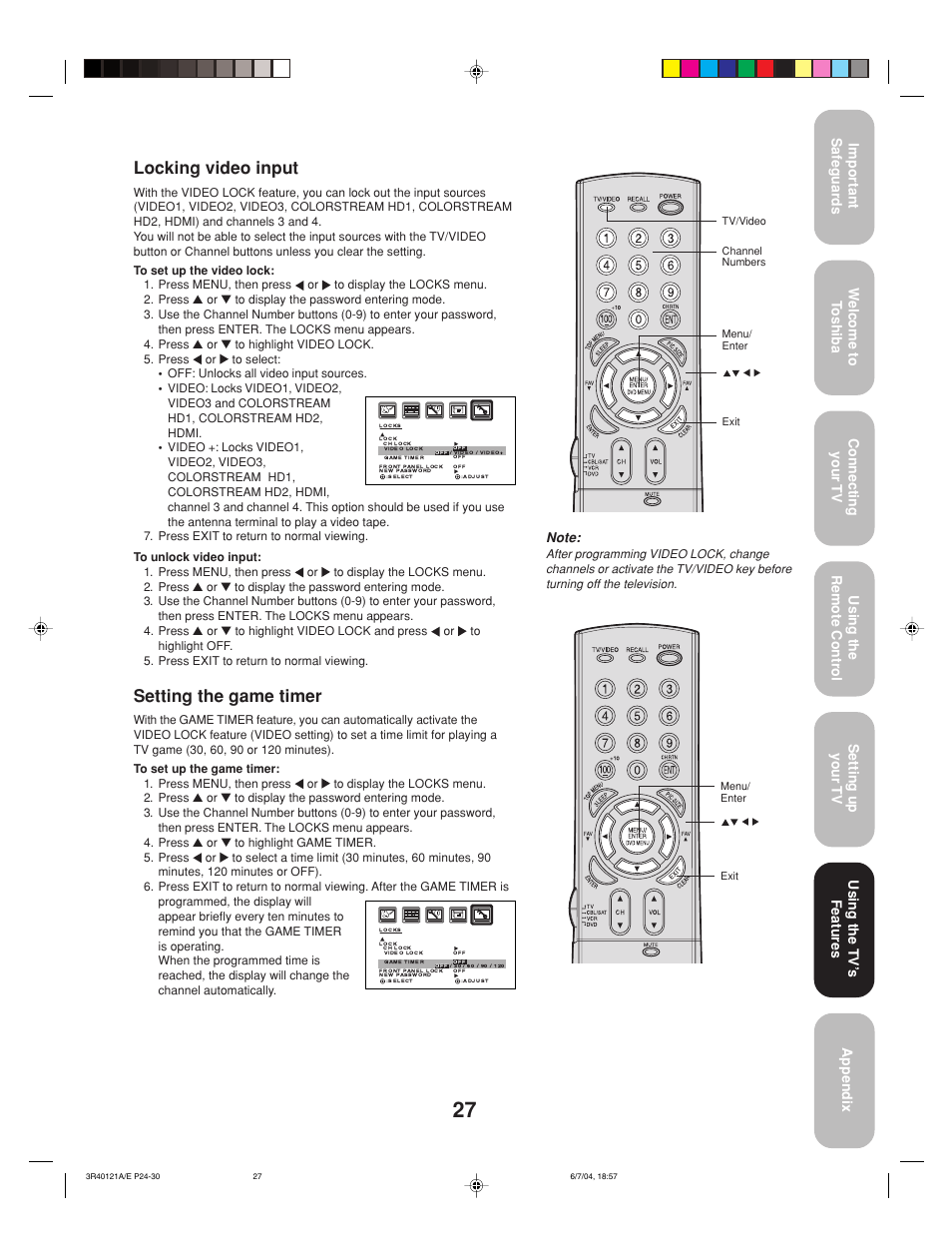 Locking video input, Setting the game timer, Using the tv’ s features | Toshiba 26HF84 User Manual | Page 27 / 46