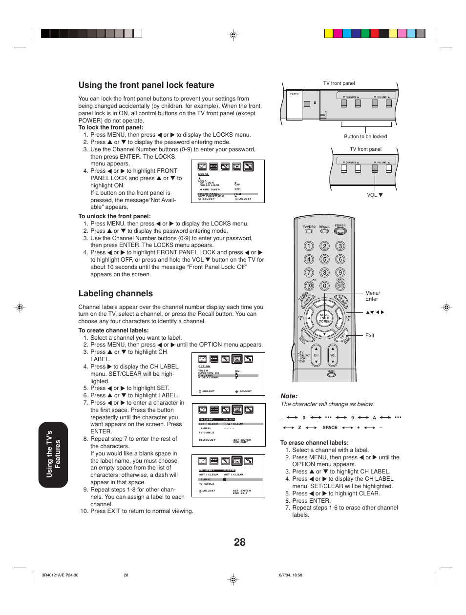 Using the front panel lock feature, Labeling channels, Using the tv’ s features | Toshiba 26HF84 User Manual | Page 28 / 46