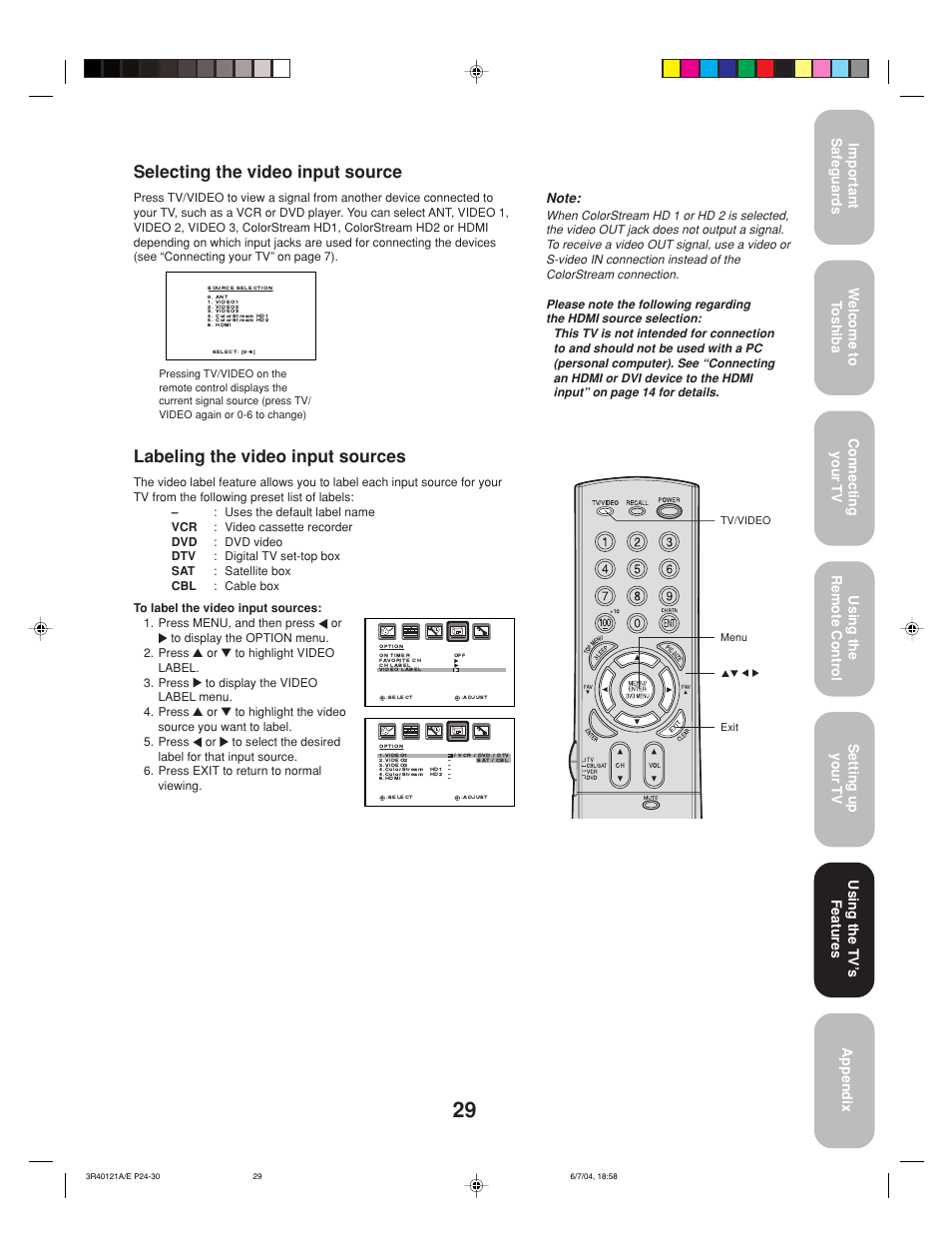 Selecting the video input source, Labeling the video input sources, Using the tv’ s features | Toshiba 26HF84 User Manual | Page 29 / 46