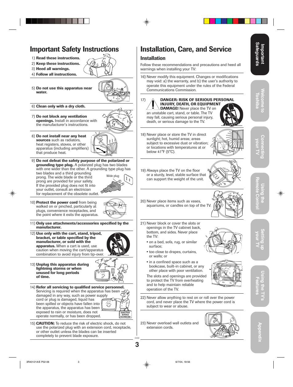 Installation, care, and service, Important safety instructions, Installation | Toshiba 26HF84 User Manual | Page 3 / 46