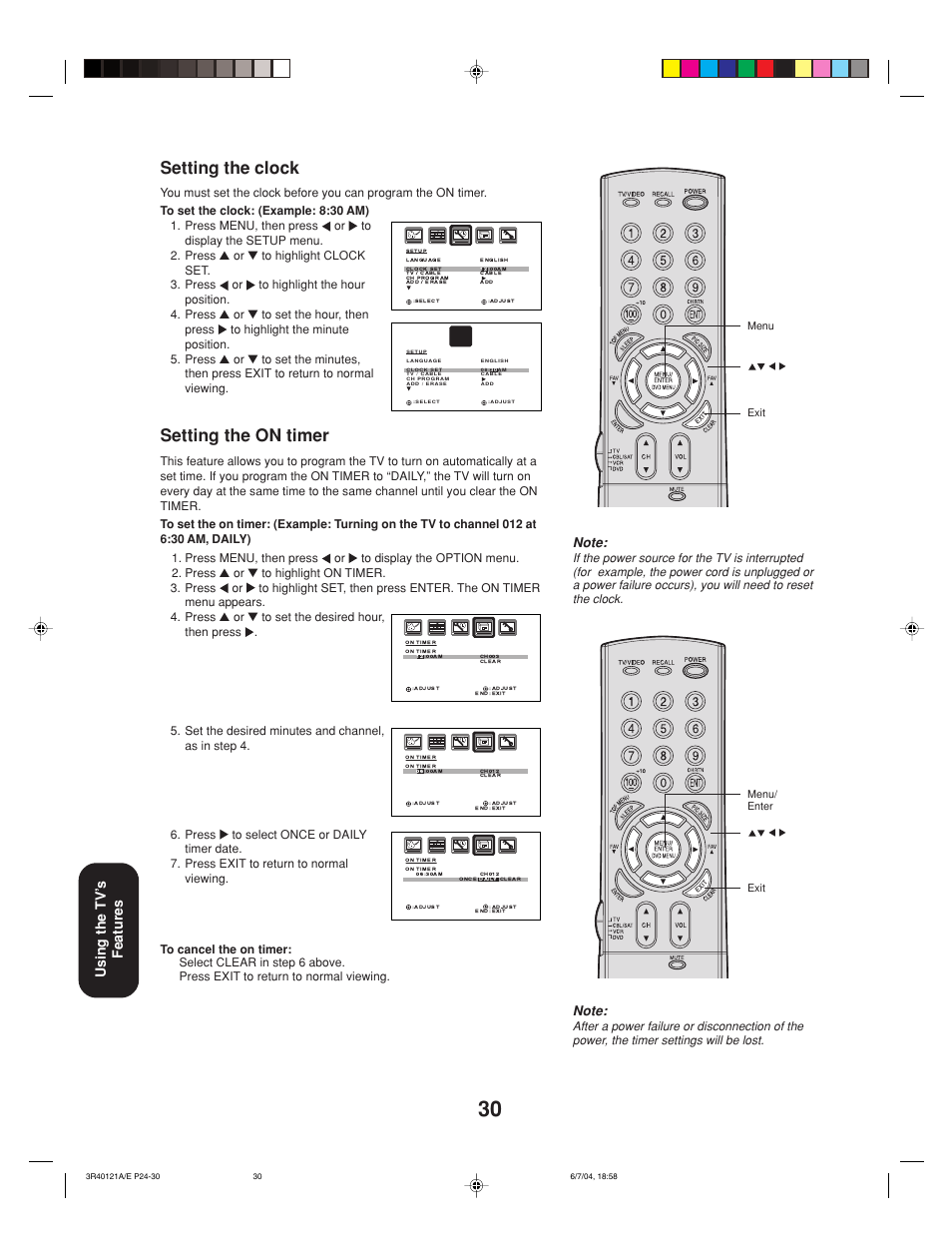 Setting the clock, Setting the on timer, Using the tv’ s features | Toshiba 26HF84 User Manual | Page 30 / 46