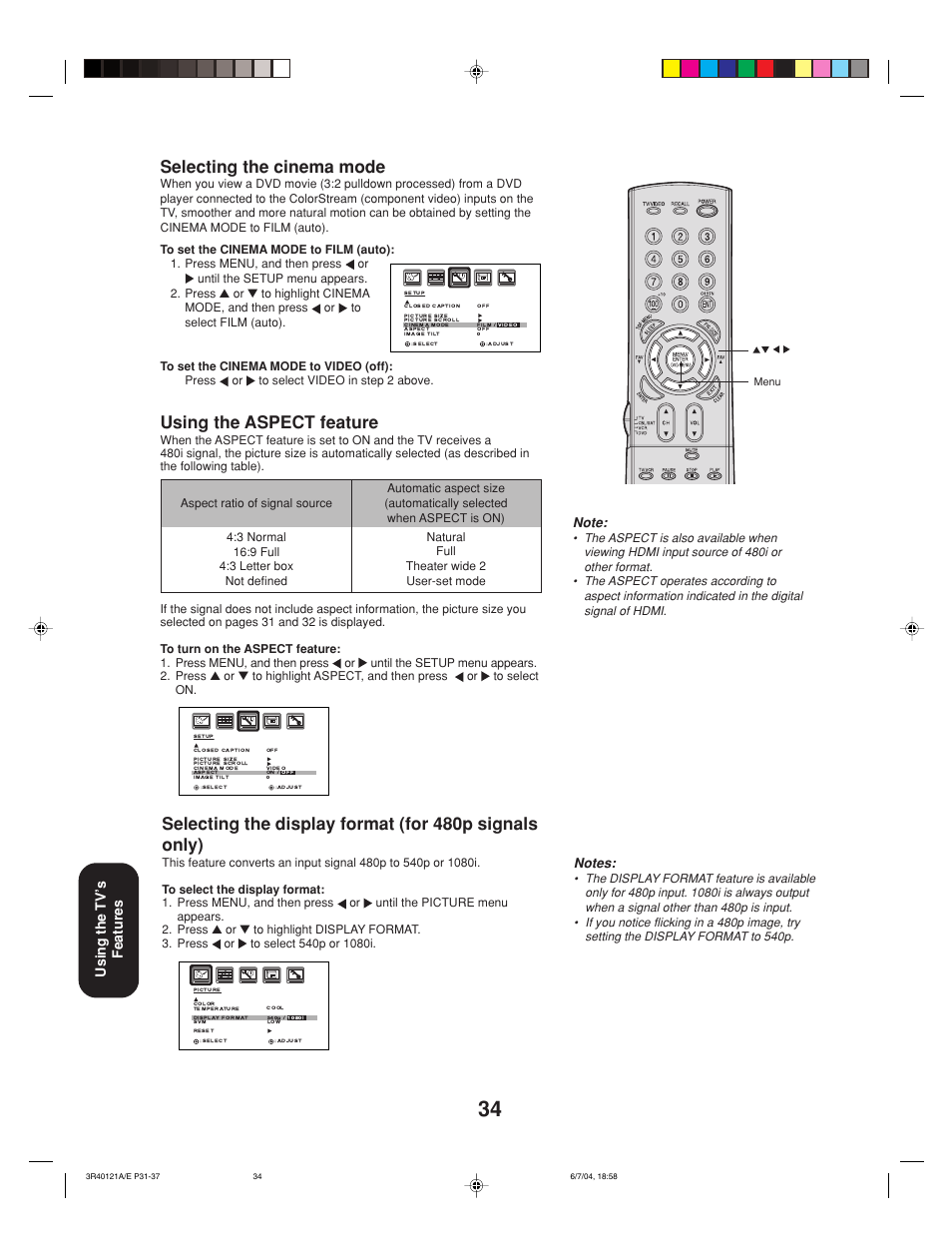 Selecting the cinema mode, Using the aspect feature, Using the tv’ s features | Toshiba 26HF84 User Manual | Page 34 / 46