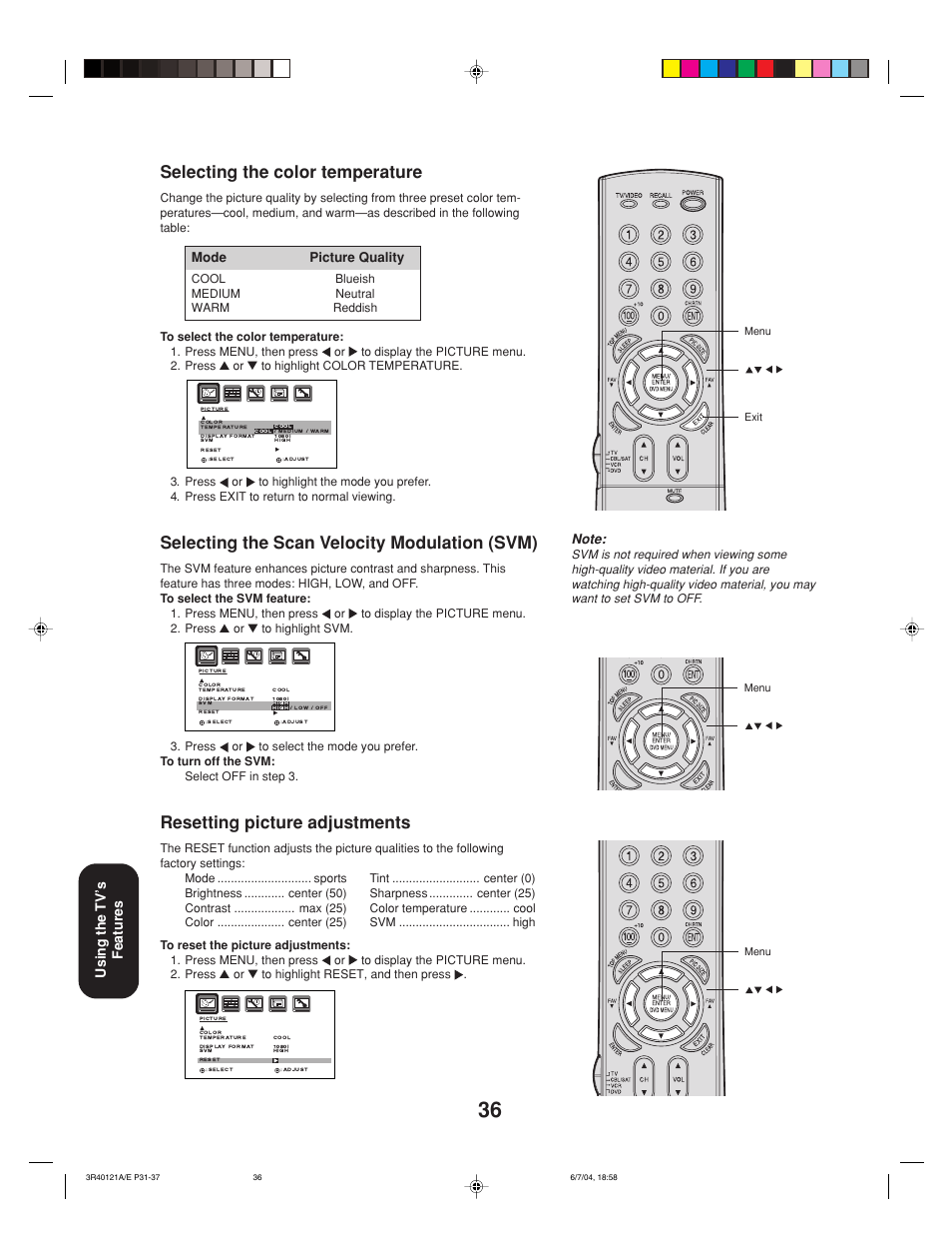 Selecting the color temperature, Selecting the scan velocity modulation (svm), Resetting picture adjustments | Using the tv’ s features, Mode picture quality | Toshiba 26HF84 User Manual | Page 36 / 46