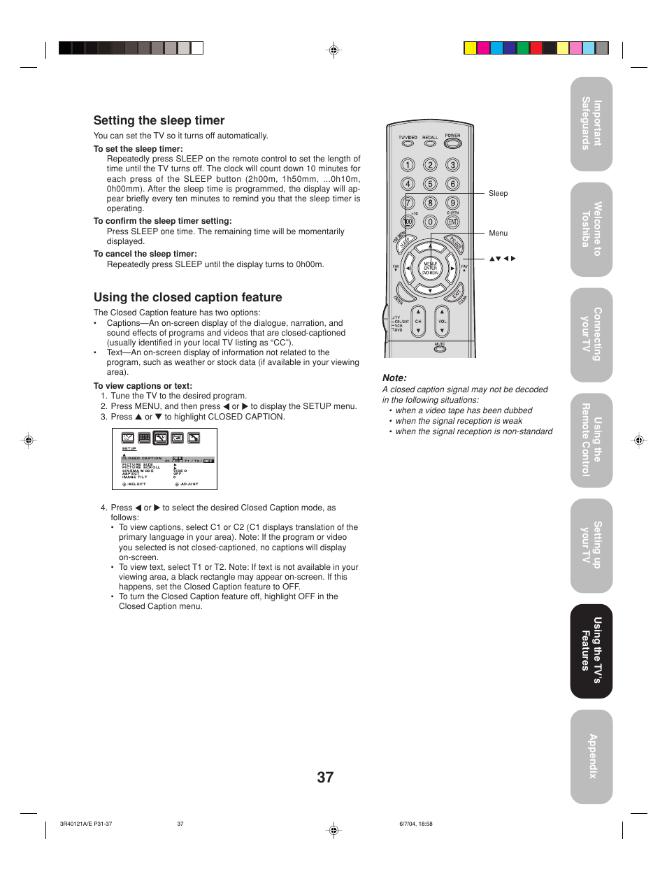 Setting the sleep timer, Using the closed caption feature | Toshiba 26HF84 User Manual | Page 37 / 46