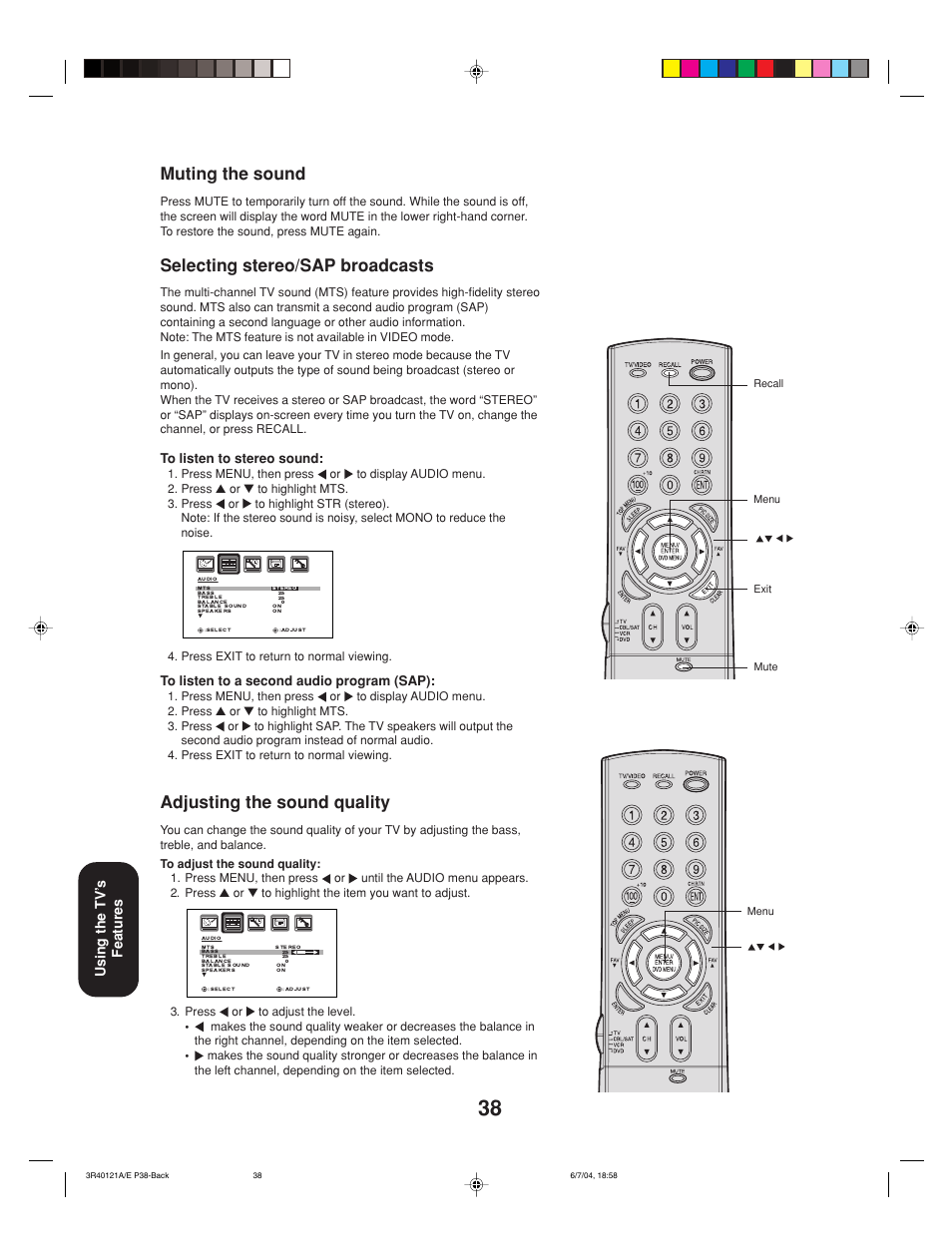 Adjusting the sound quality, Muting the sound, Selecting stereo/sap broadcasts | Using the tv’ s features | Toshiba 26HF84 User Manual | Page 38 / 46