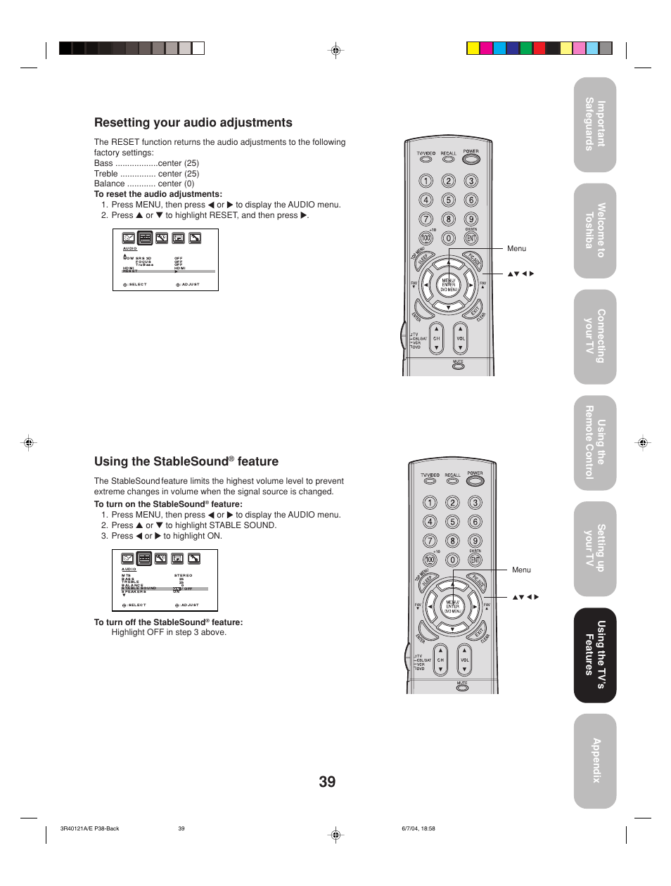 Using the stablesound, Feature, Resetting your audio adjustments | Toshiba 26HF84 User Manual | Page 39 / 46