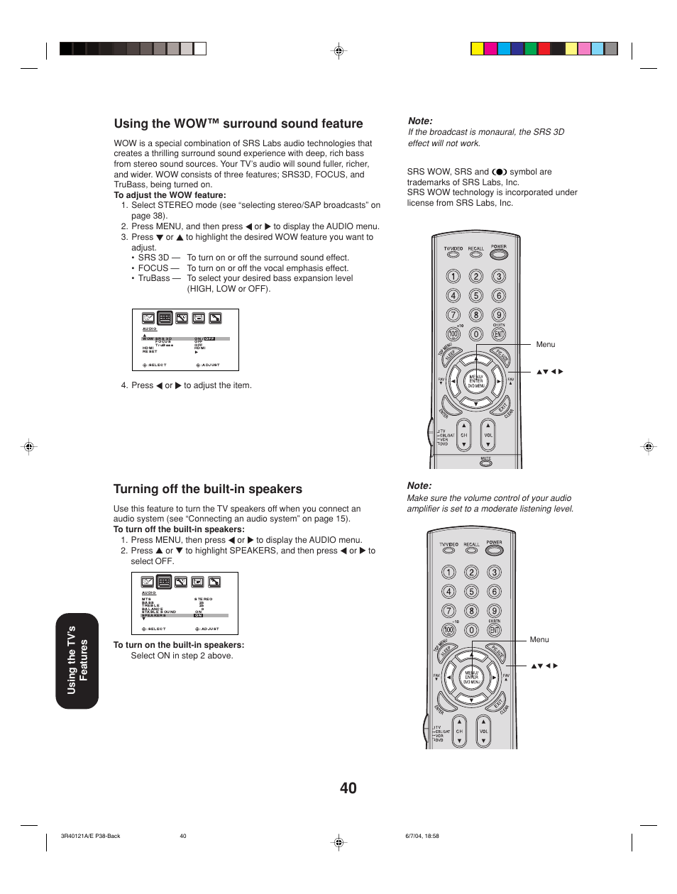 Turning off the built-in speakers, Using the wow™ surround sound feature, Using the tv’ s features | Toshiba 26HF84 User Manual | Page 40 / 46