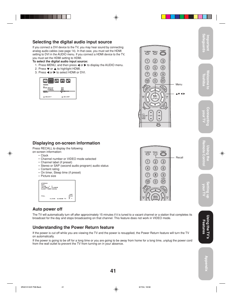 Auto power off, Understanding the power return feature, Displaying on-screen information | Selecting the digital audio input source, Using the tv’ s features | Toshiba 26HF84 User Manual | Page 41 / 46