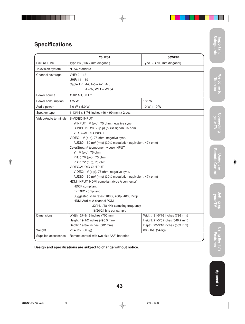 Specifications | Toshiba 26HF84 User Manual | Page 43 / 46