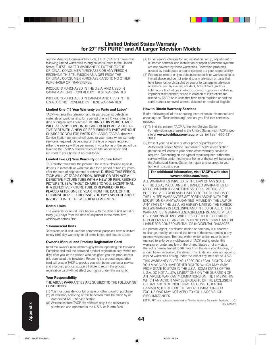 Limited united states warranty for 27'' fst pure, And all larger television models | Toshiba 26HF84 User Manual | Page 44 / 46