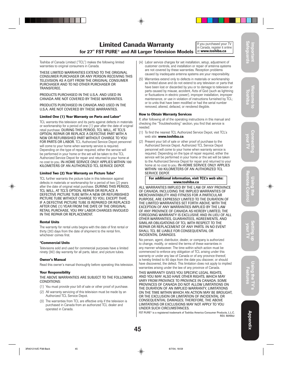 Limited canada warranty, For 27'' fst pure, And all larger television models | Toshiba 26HF84 User Manual | Page 45 / 46