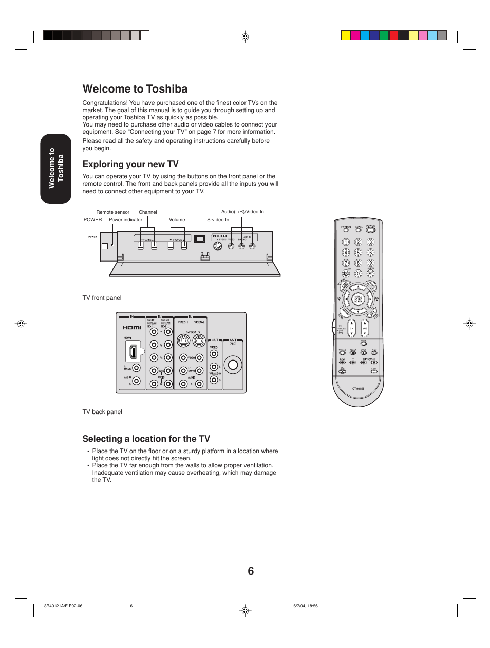 Welcome to toshiba, Selecting a location for the tv, Exploring your new tv | Toshiba 26HF84 User Manual | Page 6 / 46