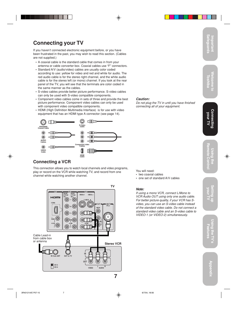 Connecting your tv, Connecting a vcr | Toshiba 26HF84 User Manual | Page 7 / 46