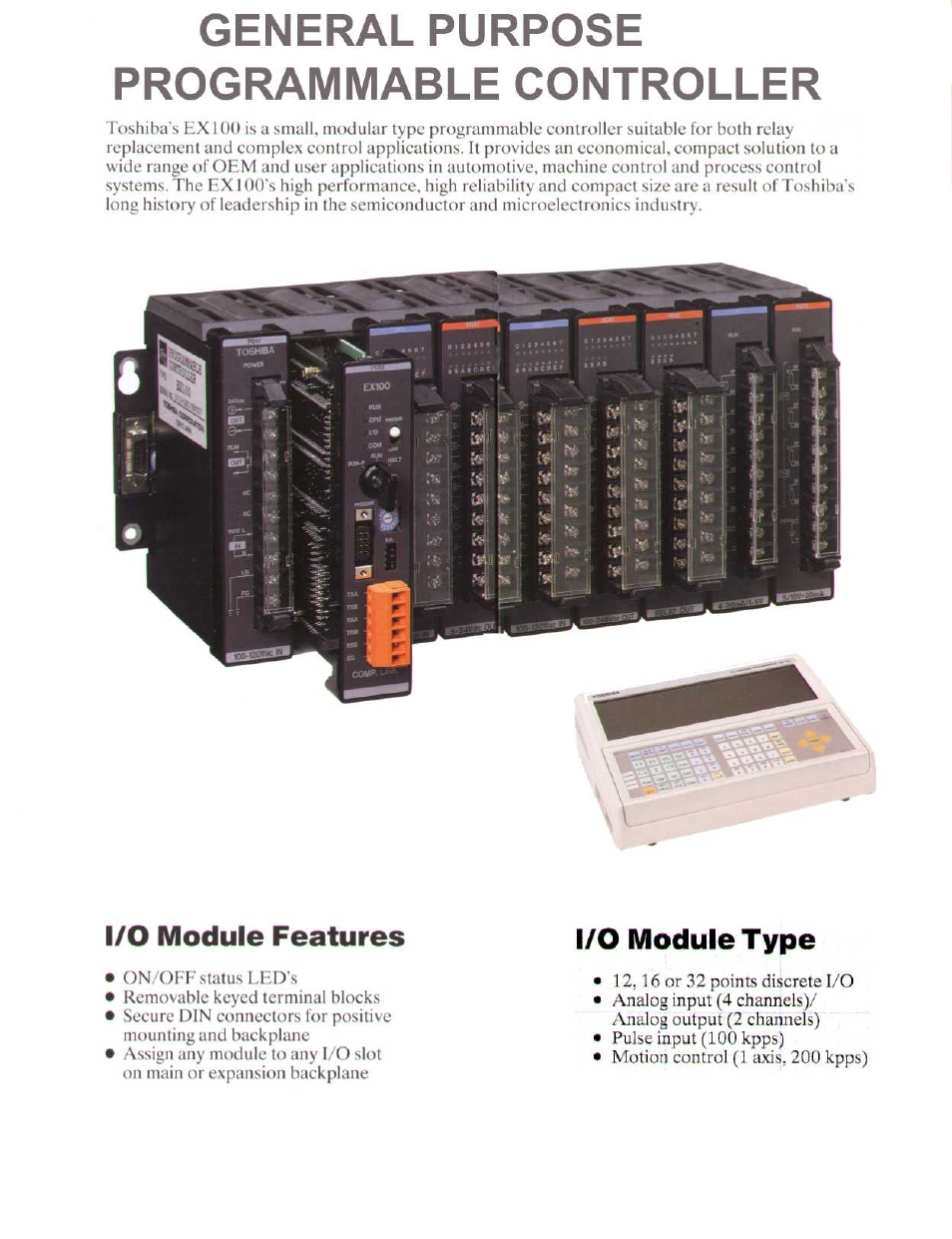 General purpose programmable controller, I/o module features, I/o module type | Toshiba EX100 User Manual | Page 2 / 9