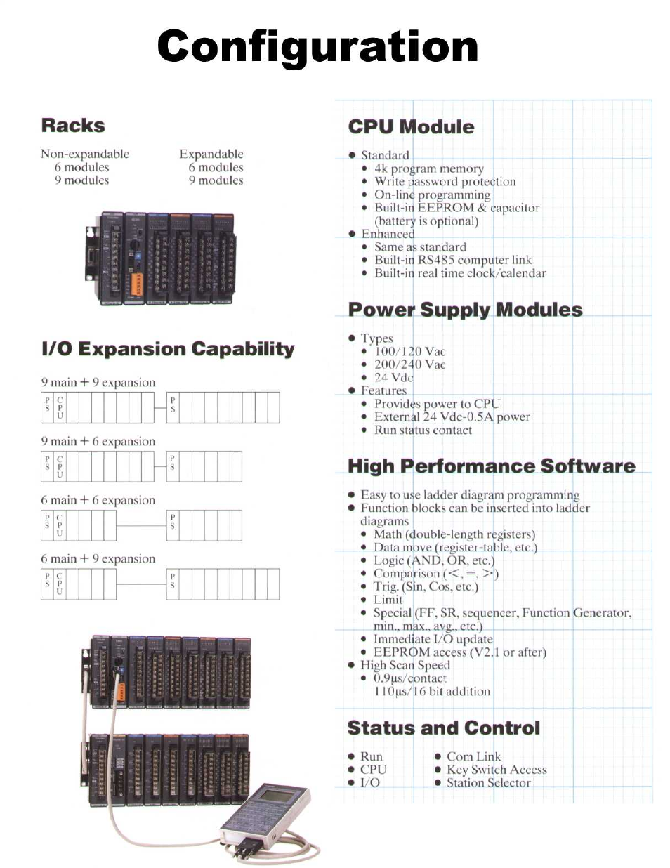 Configuration, Racks, Cpu module | I/o expansion capability, Power supply modules, High performance software, Status and control | Toshiba EX100 User Manual | Page 3 / 9