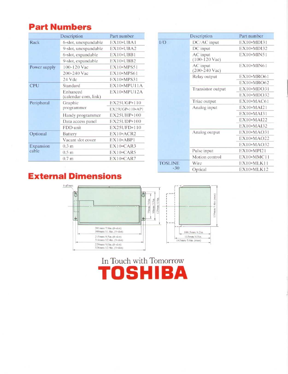 Toshiba, Part numbers, External dimensions | Toshiba EX100 User Manual | Page 8 / 9