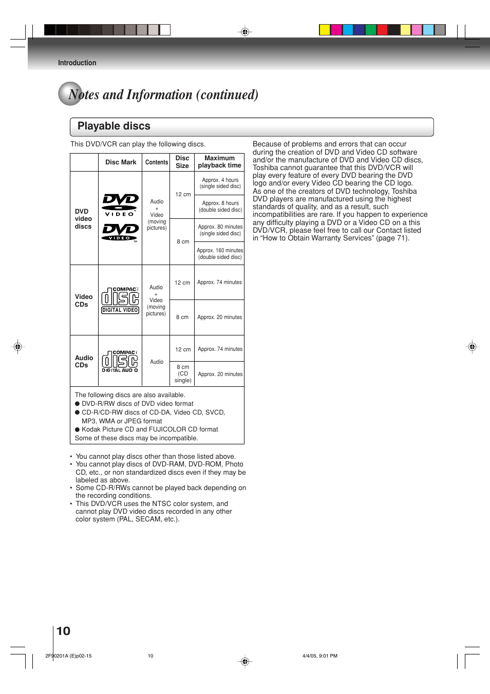 Playable discs | Toshiba SD-V593SU User Manual | Page 10 / 72