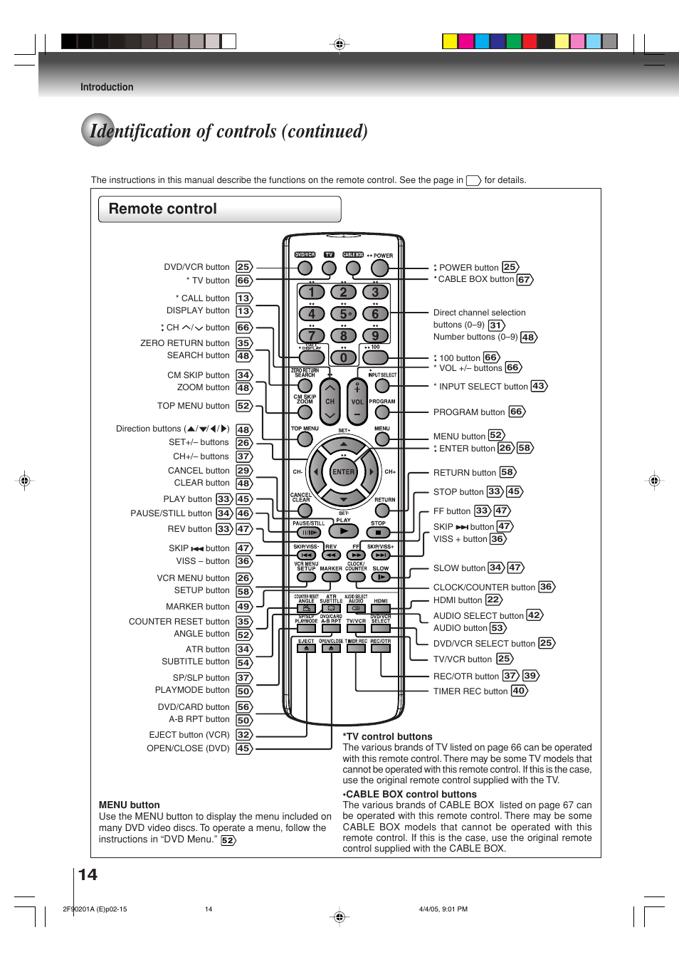 Identification of controls (continued), Remote control | Toshiba SD-V593SU User Manual | Page 14 / 72