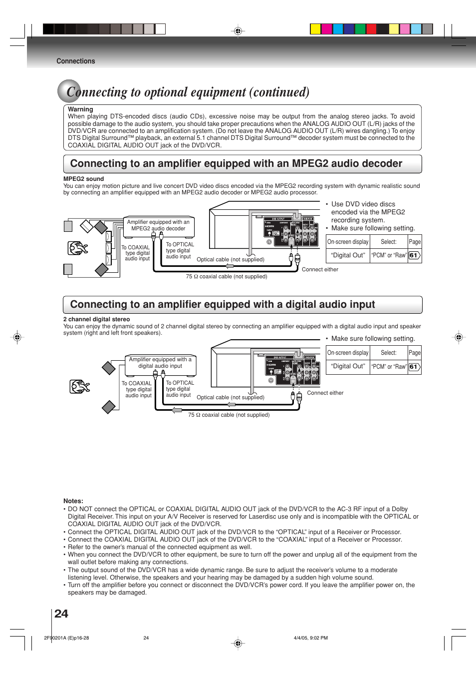 Connecting to optional equipment (continued) | Toshiba SD-V593SU User Manual | Page 24 / 72