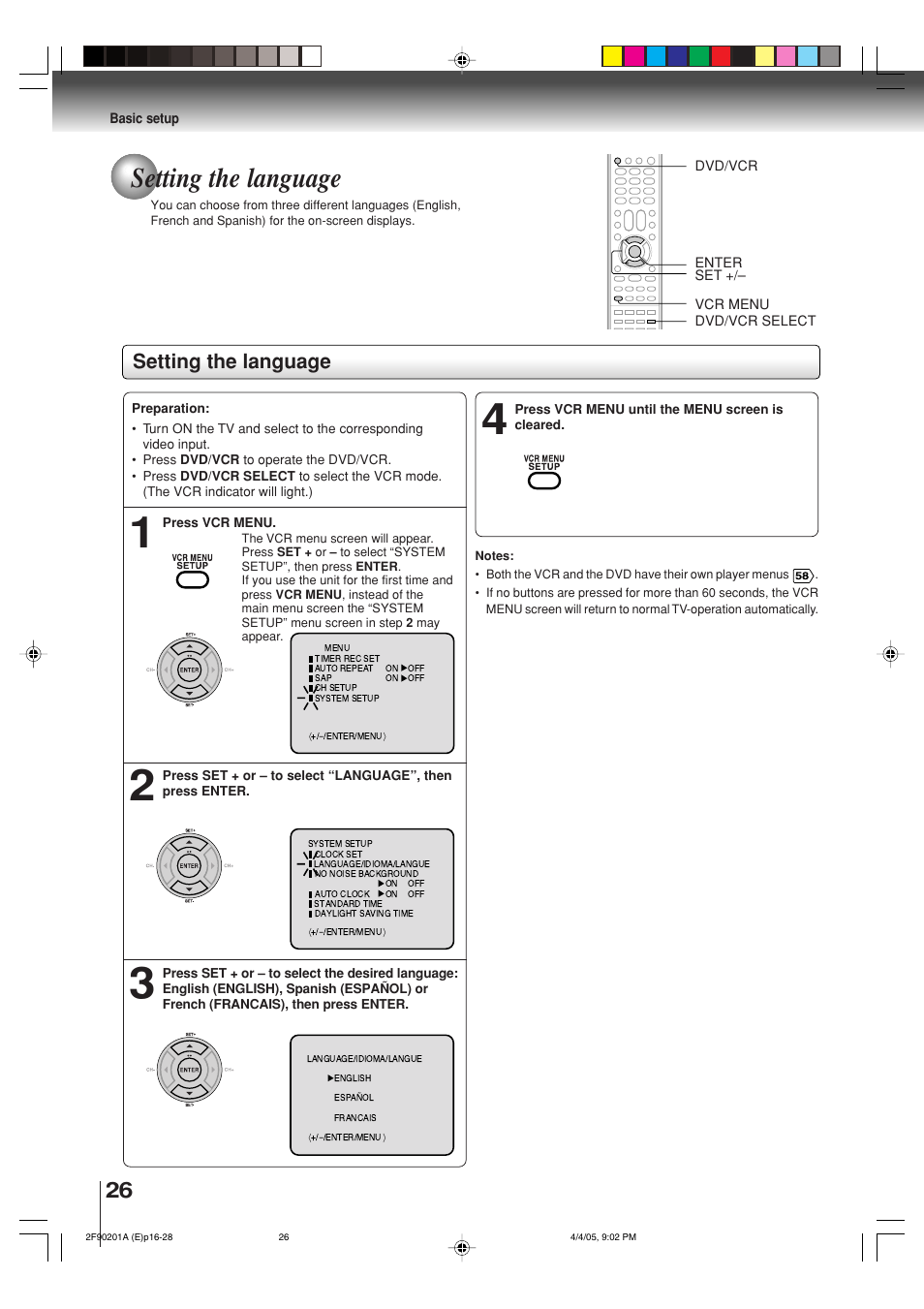 Setting the language | Toshiba SD-V593SU User Manual | Page 26 / 72