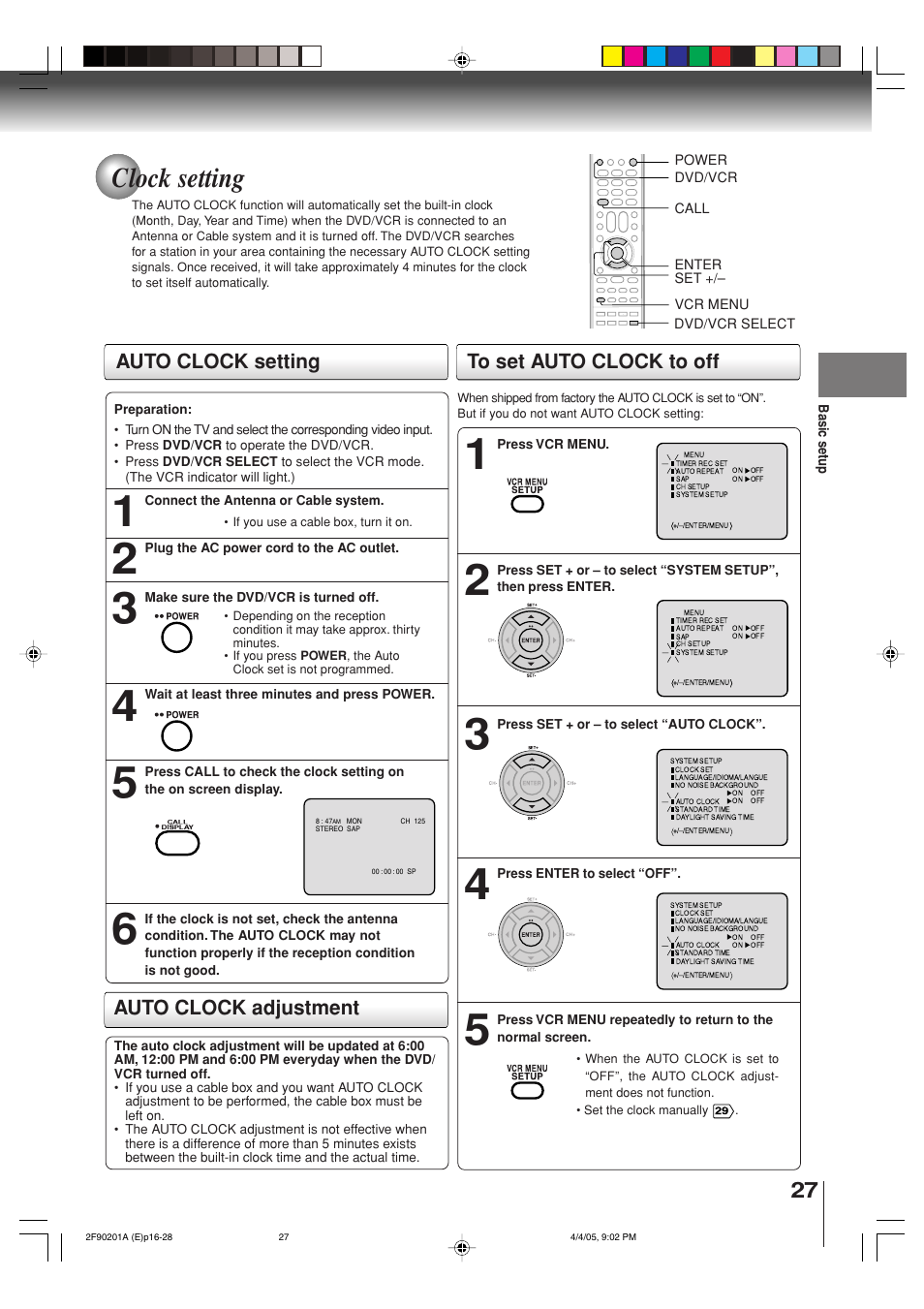 Clock setting, Auto clock setting, Auto clock adjustment to set auto clock to off | Toshiba SD-V593SU User Manual | Page 27 / 72