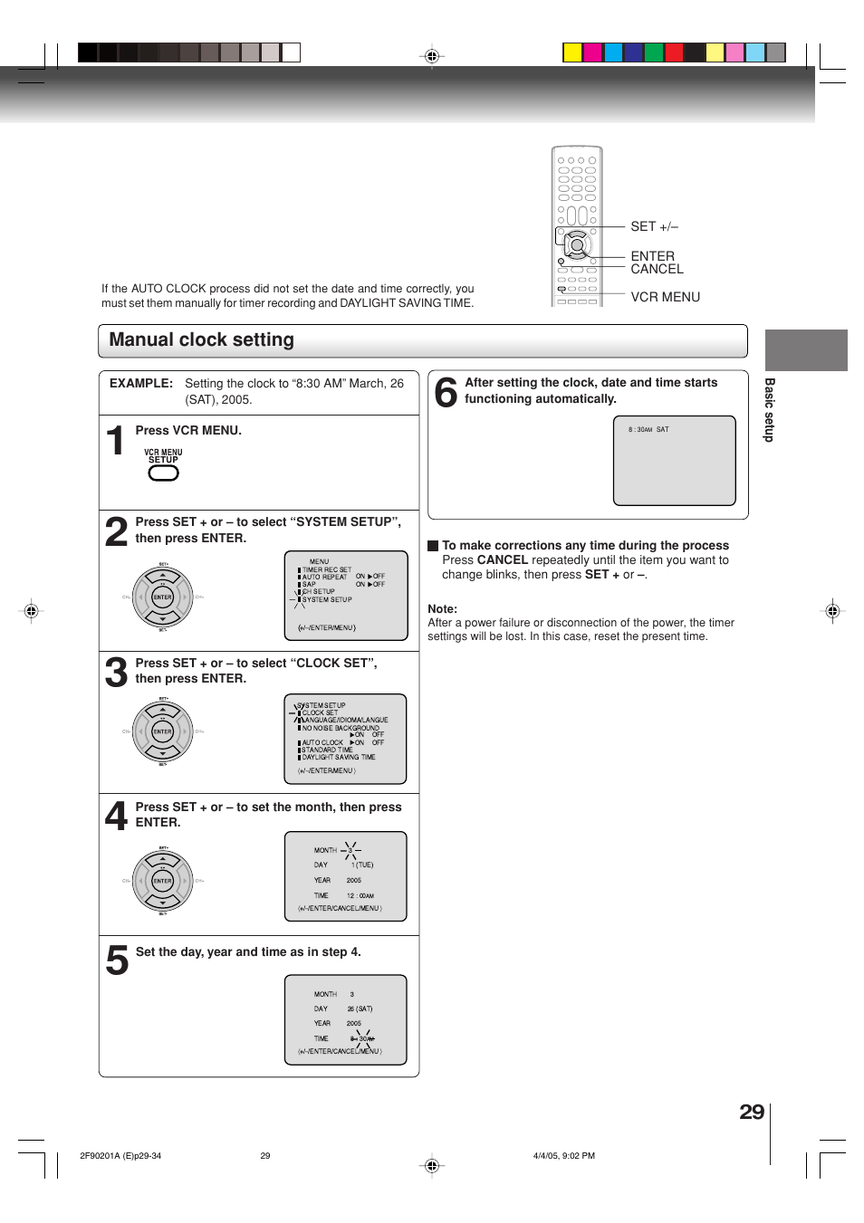 Manual clock setting | Toshiba SD-V593SU User Manual | Page 29 / 72