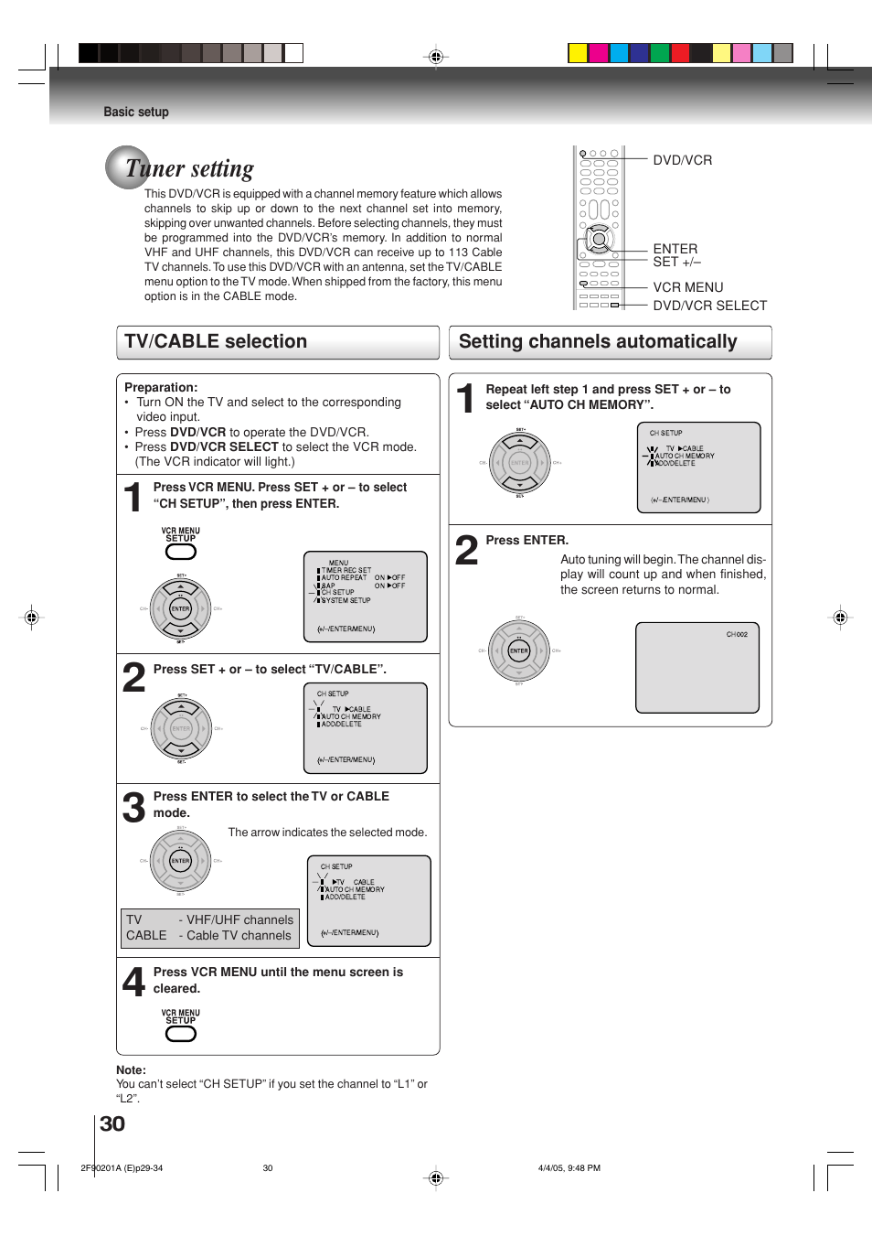 Tuner setting, Tv/cable selection setting channels automatically | Toshiba SD-V593SU User Manual | Page 30 / 72