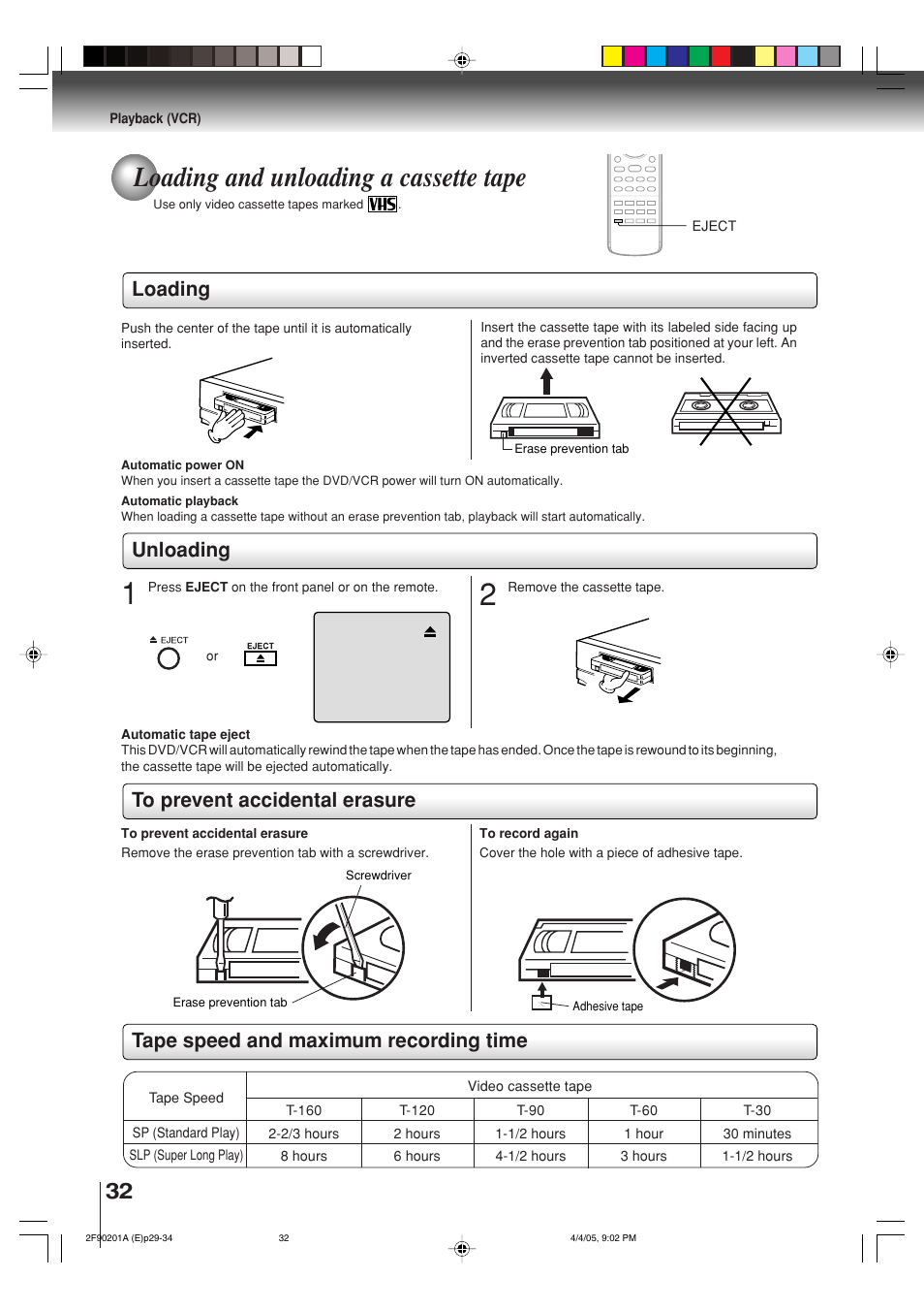 Loading and unloading a cassette tape, Loading, Unloading | Toshiba SD-V593SU User Manual | Page 32 / 72