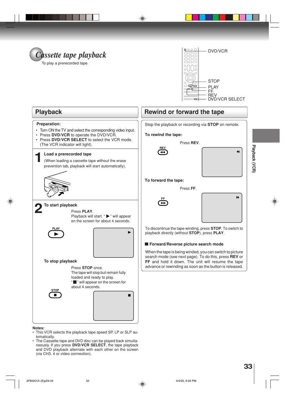 Cassette tape playback, Playback rewind or forward the tape | Toshiba SD-V593SU User Manual | Page 33 / 72