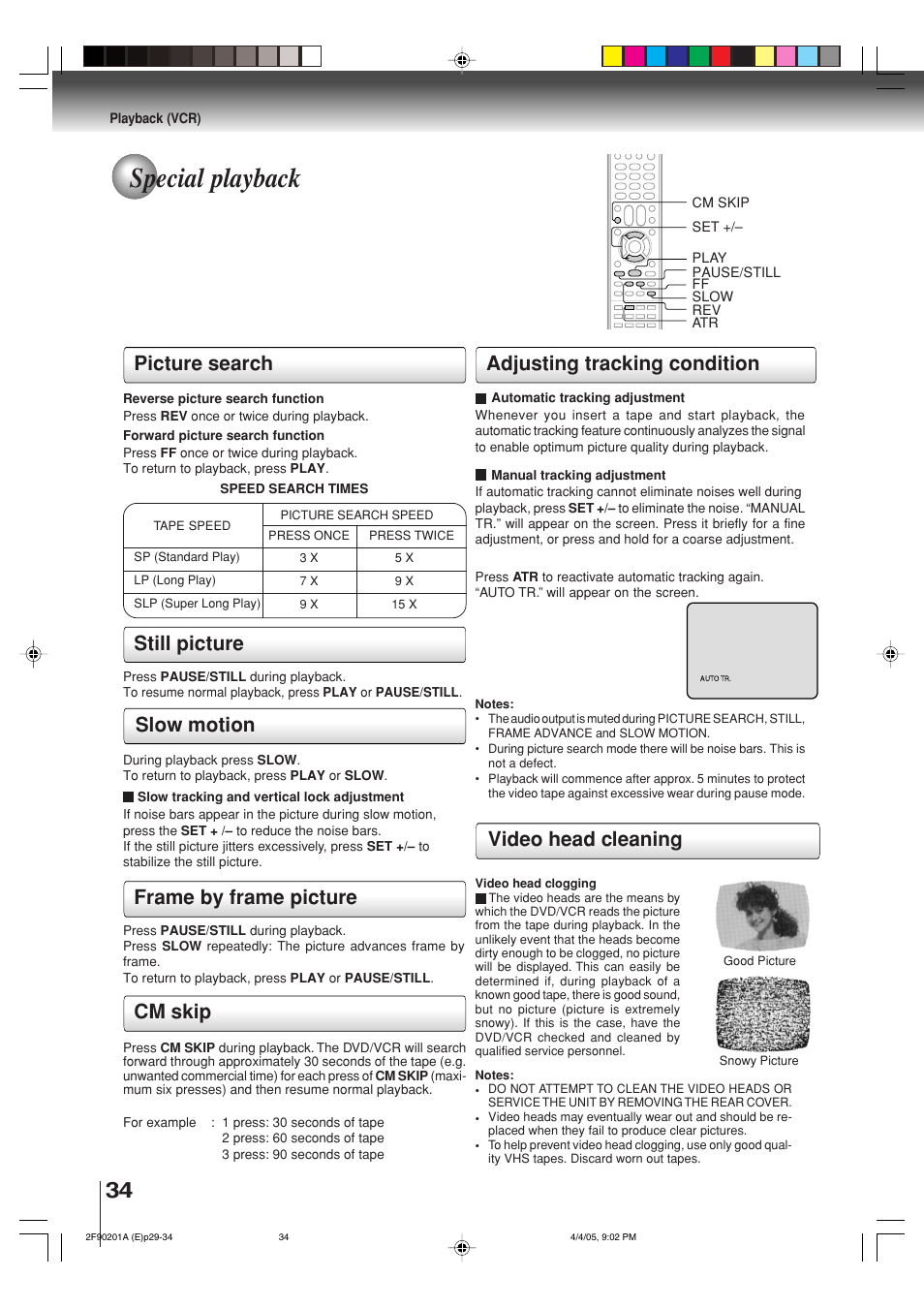 Special playback, Picture search, Video head cleaning | Cm skip | Toshiba SD-V593SU User Manual | Page 34 / 72