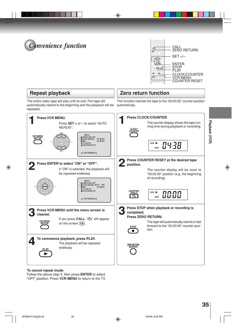 Convenience function, Repeat playback, Zero return function | Toshiba SD-V593SU User Manual | Page 35 / 72