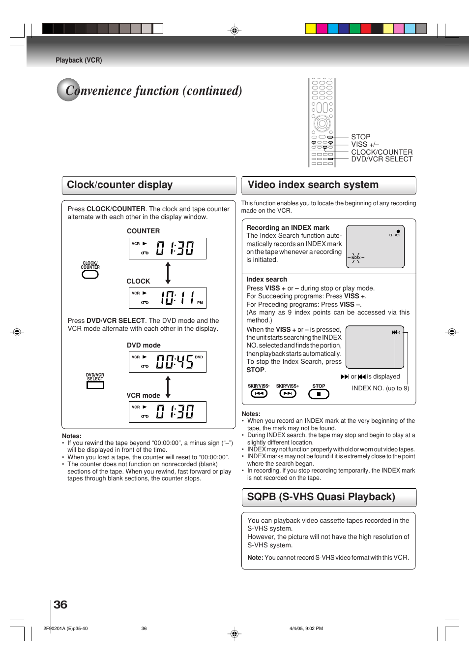 Convenience function (continued), Sqpb (s-vhs quasi playback), Video index search system | Clock/counter display | Toshiba SD-V593SU User Manual | Page 36 / 72