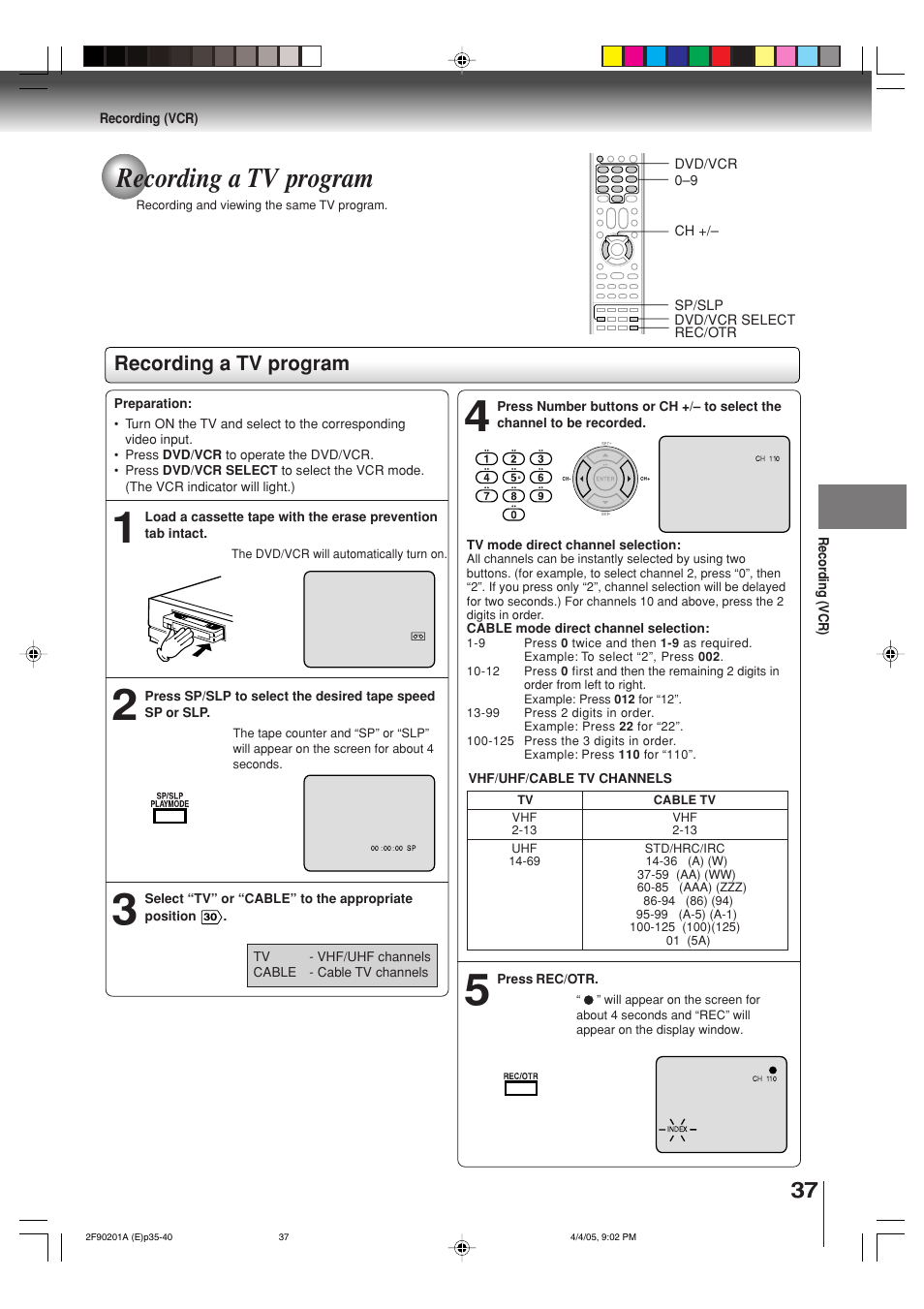 Recording a tv program | Toshiba SD-V593SU User Manual | Page 37 / 72